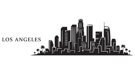 Obraz premium Black and white illustration of Los Angeles city skyline with palm trees, California, urban landscape