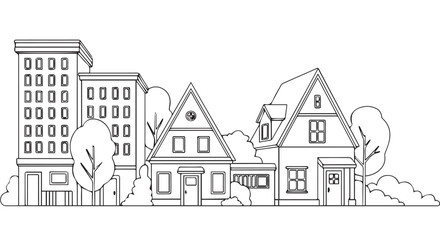 Fototapeta premium Detailed black and white illustration of diverse residential buildings and trees in a neighborhood scene, showcasing various architectural styles.
