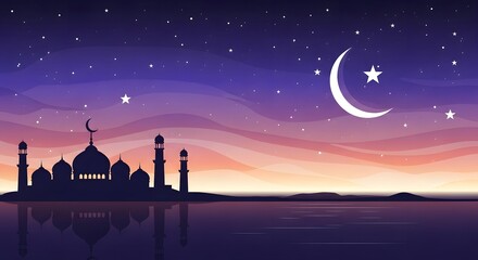 A serene night scene featuring a mosque with a crescent moon and stars