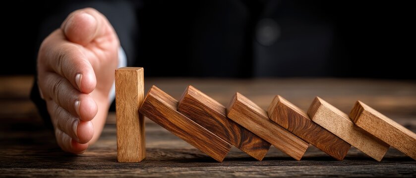 Businessman stops wooden dominoes from falling during a risk situation representing decision making and problem solving in business scenarios
