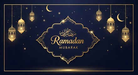 Ramadan mubarak with golden lanterns and crescent moons on a dark blue background