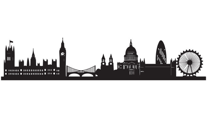 Black silhouette of London city skyline with iconic landmarks and Ferris wheel at sunset, England, UK, travel and tourism concept