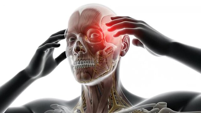 Anatomical human skull with neural connections and glowing effects