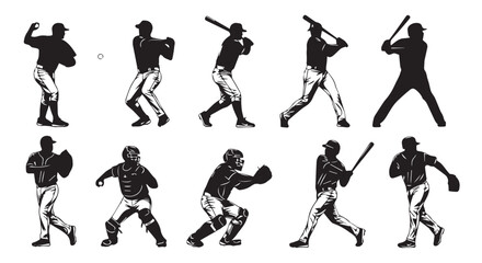 Collection of baseball players in various poses, black silhouettes on Transparent Background, sports illustrations.