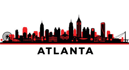 Vibrant red and black silhouette of Atlanta city skyline with ferris wheel and skyscrapers on Transparent Background.