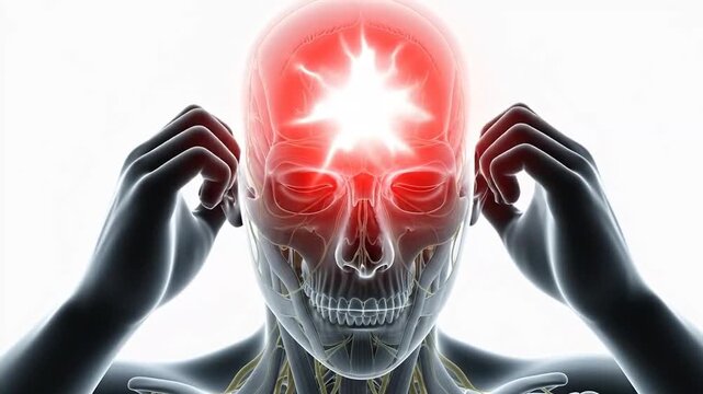 Futuristic Human Head with Energy Burst and Digital Skull