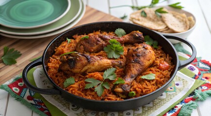 Fototapeta premium Photorealistic overhead jollof rice skillet with ringed chicken, parsley and bay on woven placemat, bright midday color pop 