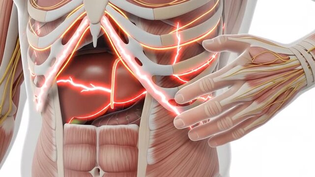 Medical illustration of human abdomen with highlighted pain area