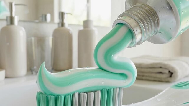 Fresh mint toothpaste fresh toothpaste striped toothpaste toothbrush bathroom hygiene dental care oral care morning routine closeup macro cleanliness