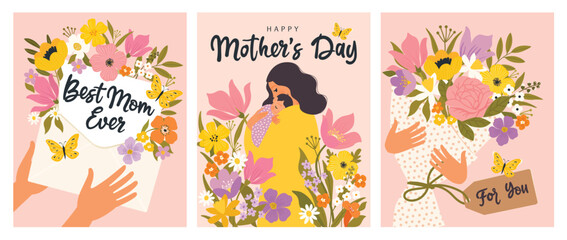Fototapeta premium Set of Mother's day greeting cards with beautiful blossom flowers. Templates with floral bouquets and a wreath of flowers for cards and invitations to Valentine s Day, wedding, Mother s Day.