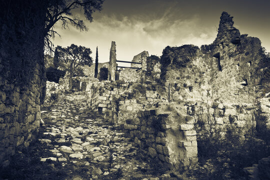 Ruins of medieval fortress of Stari Bar, Montenegro. Duotone image in dramatic style