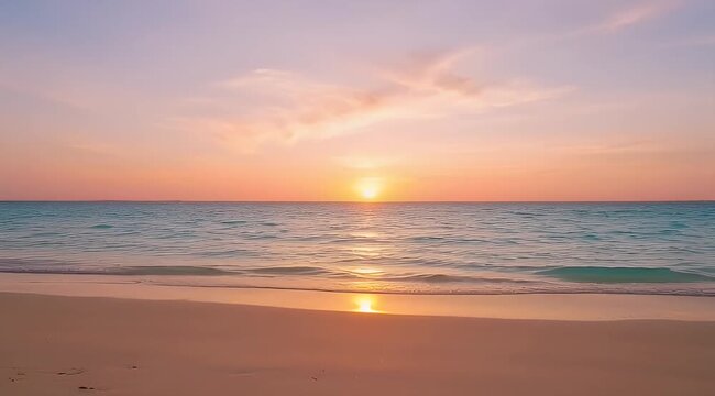 A Breathtaking Sunset over Calm Ocean Waters and Sandy Beach Scene