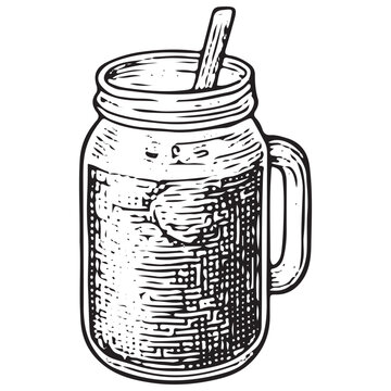 Mason jar mug sketch, drinking glass with handle illustration, beverage vector