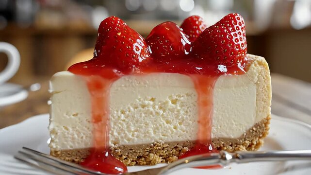 Delicious cheesecake dessert with fresh strawberry topping on plate