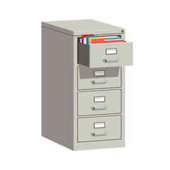 Gray metal filing cabinet with open drawer displaying organized colorful folders for office and document storage