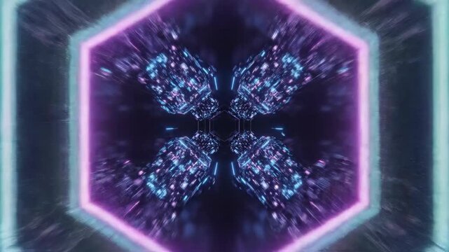Futuristic Hexagon Tunnel Neon Abstract Digital Pattern Glowing Blue Purple Vibrant 3D Motion Sci Fi Immersive Energetic Mood