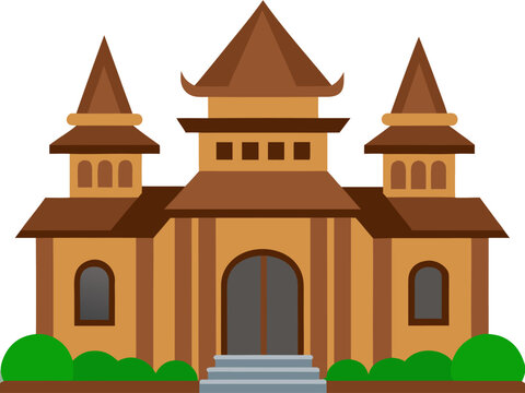 Traditional indonesian rumah adat architecture with triangular roofs and brown wooden structure surrounded by greenery
