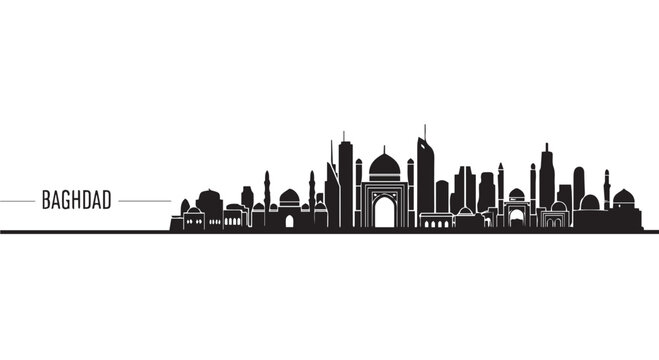 Black silhouette cityscape of Baghdad, Iraq with iconic buildings and skyline