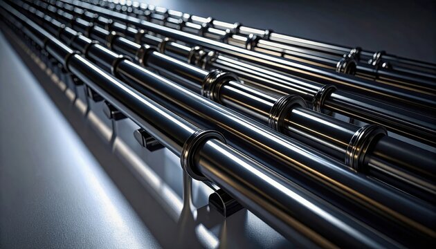 Industrial metal pipes arranged in parallel rows on a factory production line