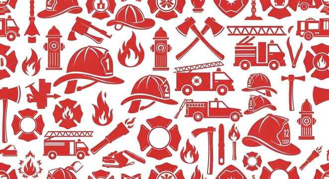 Firefighter Equipment and Symbols Pattern Red on White Background.