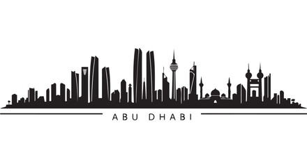 Fototapeta premium Abu Dhabi city skyline silhouette, modern UAE urban landscape with skyscrapers and towers, cityscape illustration.