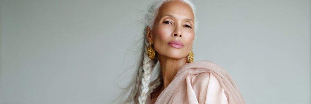 Elegant mature asian female with braided silver hair and gold earrings