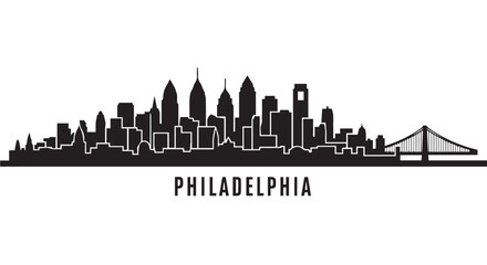 Obraz premium Philadelphia city skyline silhouette illustration with iconic buildings and Delaware River bridge on Transparent Background.