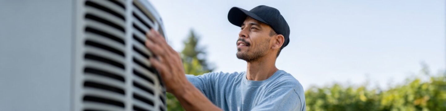 Young hispanic male technician inspecting outdoor hvac unit in sunlit garden