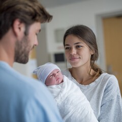 Obraz premium Young caucasian couple joyfully holding newborn in hospital setting