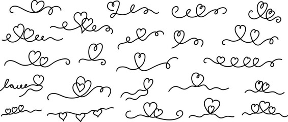 Hand-drawn heart doodle collection with elegant swirling lines and romantic flourishes. Cute decorative elements perfect for Valentine&rsquo;s Day, weddings, invitations, greeting cards, typography accents,