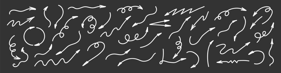 Hand-drawn arrow doodle collection with curved, spiral, and dynamic pointer shapes. Playful sketch arrows perfect for infographics, presentations, tutorials, posters, social media, education, and crea