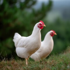 White chickens grazing on lush greenery in a serene outdoor setting