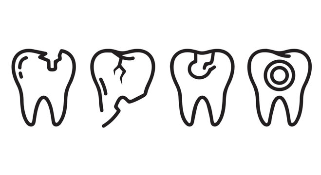 Four illustrations of teeth with various dental problems, including cracks, chips, and cavities on Transparent Background.