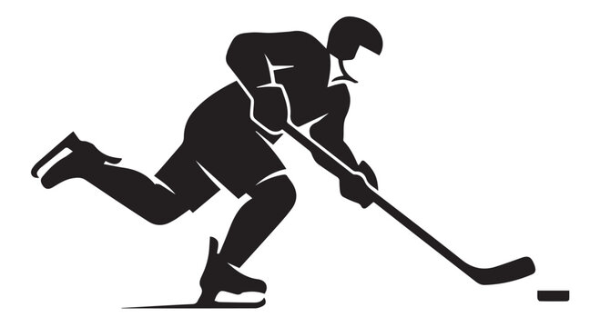 Silhouette of a hockey player in action, skating and hitting a puck with a stick on ice, dynamic sports illustration.