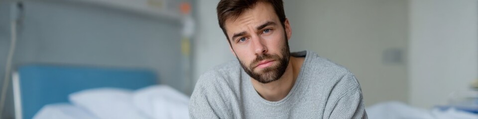 Obraz premium Caucasian young male in hospital room with pensive expression