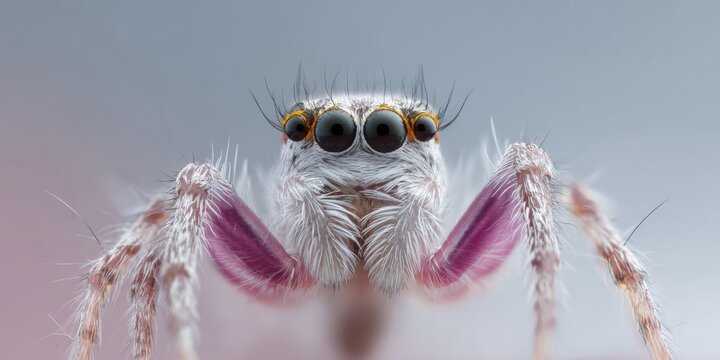 Close-up of colorful jumping spider with prominent eyes and fuzzy legs