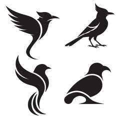 Fototapeta premium Vector illustration of a cute nature bird set featuring black animal silhouettes like crows and ducks on a wild branch design