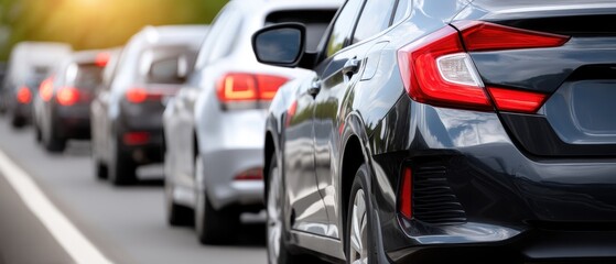 Traffic jam on city street with cars at red light during busy commute with blurred background and space for text