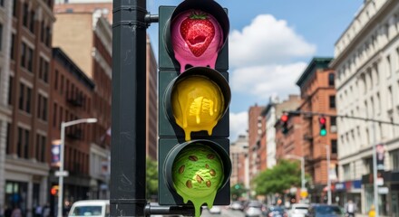 Creative concept of city traffic light as melting fruit sorbet and ice cream with strawberry, lemon and pistachio flavors on urban street background. AI generated.
