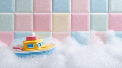 Colorful Plastic Toy Boat Floating in Soapy Bubbles