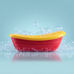 Colorful Plastic Boat in Bubbles in Bright Bathtub