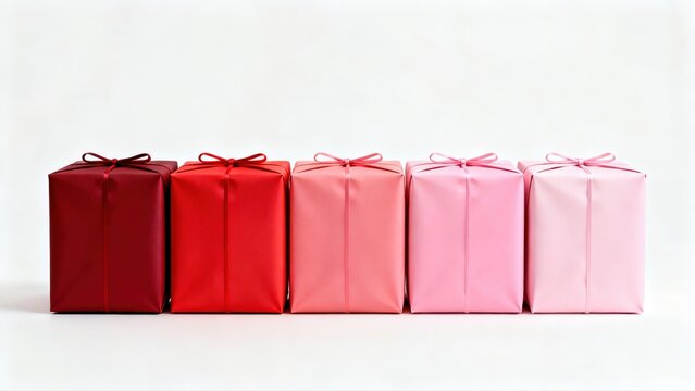 Five wrapped gifts from dark red to light pink gradient, tied with bows in a row on white background, same size, simple beautiful arrangement.