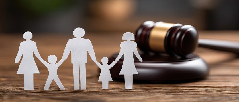 Family figure made of paper and wooden gavel show family law concept in high resolution image suitable for contest use
