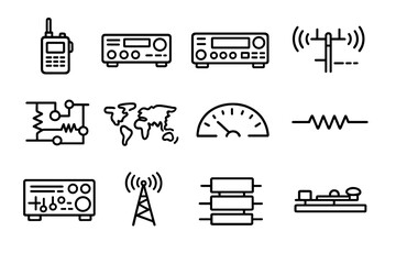 Amateur radio communication equipment and electronic component line icons including transceiver walkie talkie antenna and morse code key © PAPA STOCK