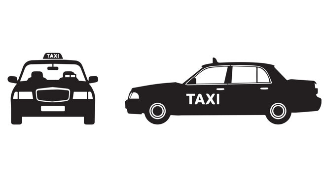 Two taxi silhouette illustrations, one from the front and one from the side, with the word taxi on both.