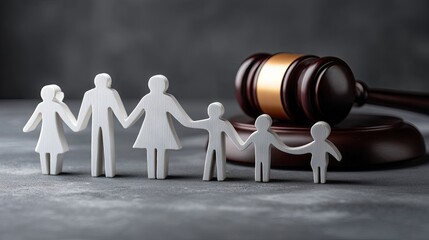 Family cutout figures stand together near a wooden gavel representing family law and legal matters in a simple setting