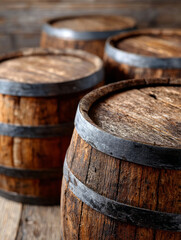 Fototapeta premium Rustic wooden barrels with metal hoops in vintage winery