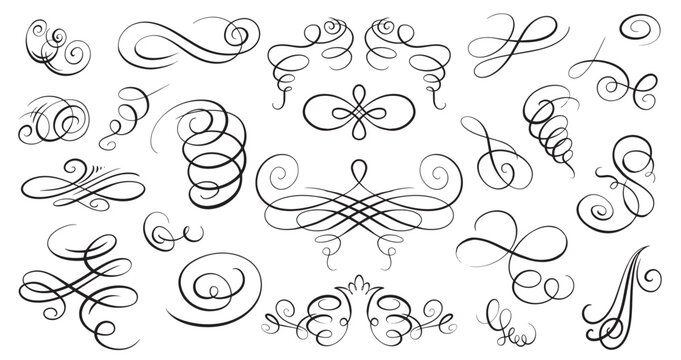 Set of simple Hand-drawn calligraphy flourishes and swirls. Dividers and curls for your invitation and gift card design. Wedding and luxury templates