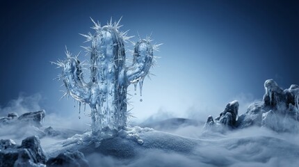 Frozen cactus sculpted from ice crystals in misty blue surreal landscape