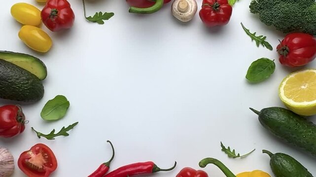 Fresh vegetables moving frame on white background